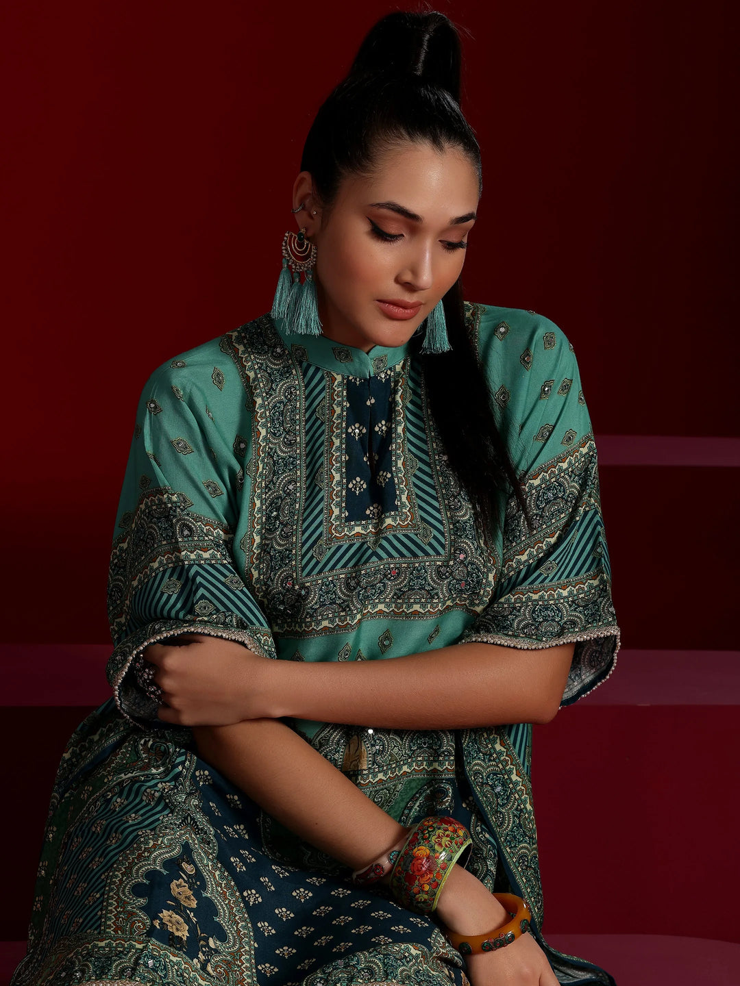  Libas Art Green Printed Silk Blend Co-Ords 