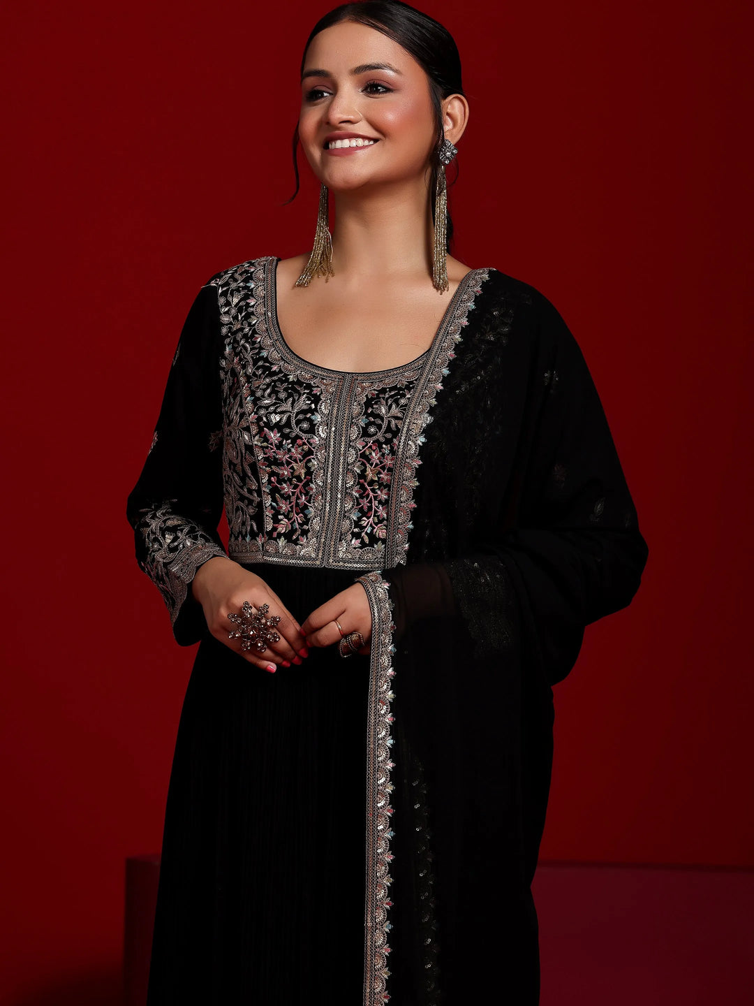  Libas Art Black Embroidered Georgette A-Line Kurta With Trousers & Dupatta 