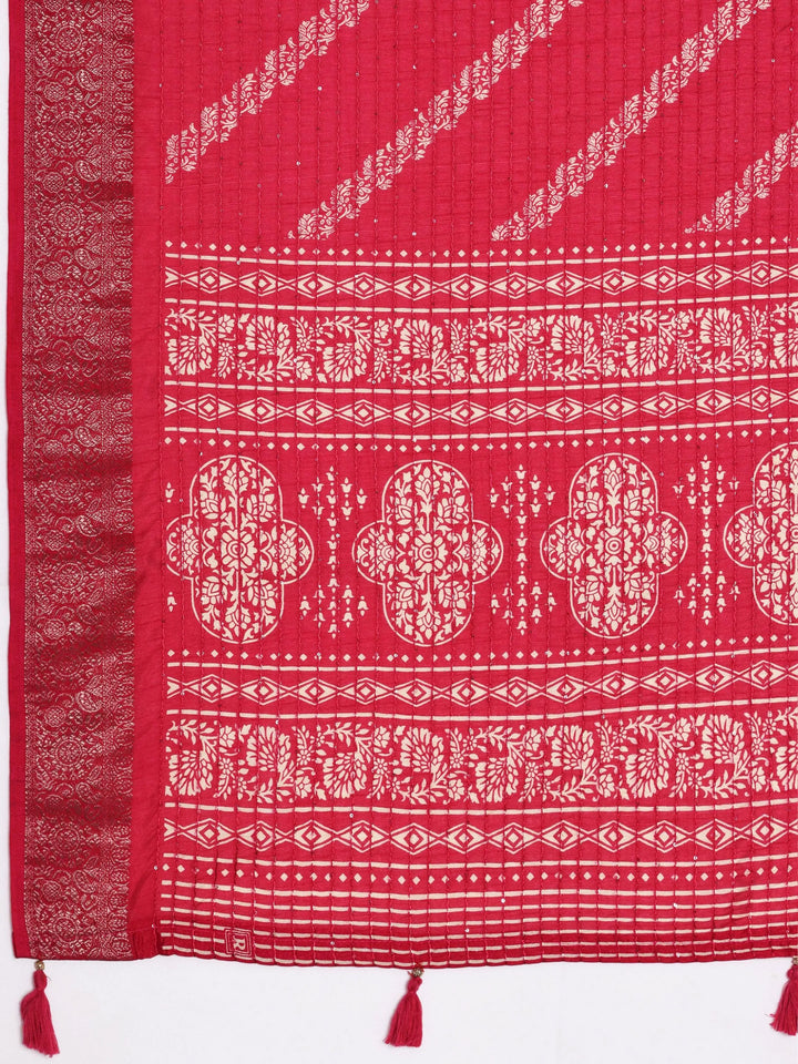 Pink Printed Silk Blend Saree With Unstitched Blouse Piece - Libas