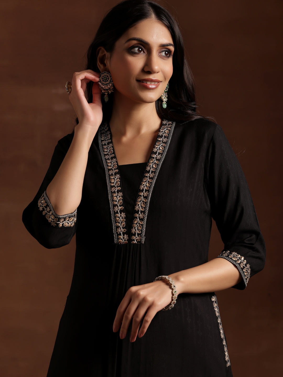  Black Yoke Design Silk A-Line Kurta 