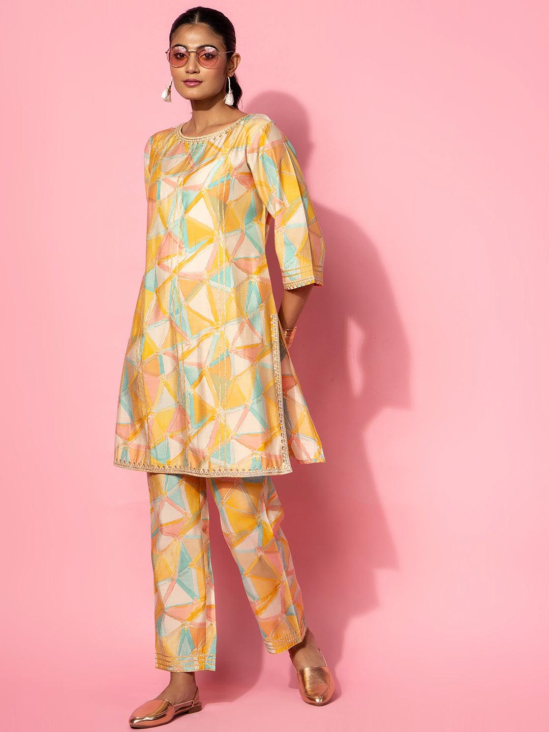 Yellow Printed Silk Blend Co-Ords