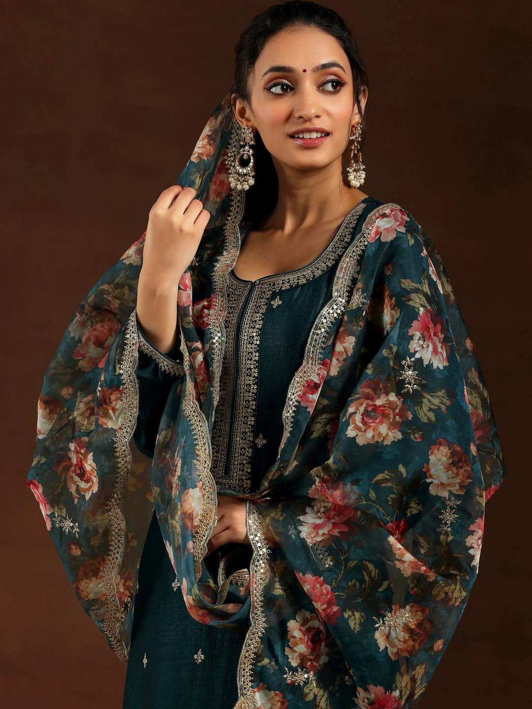  Teal Embroidered Silk Blend Straight Suit With Dupatta 