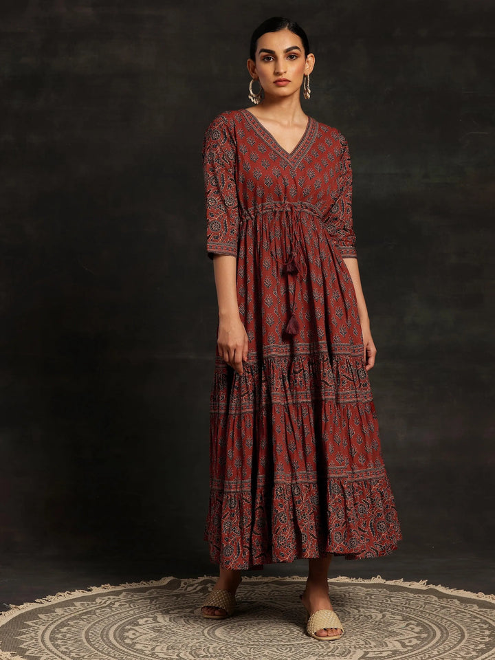 Maroon Printed Cotton A-Line Dress - Libas