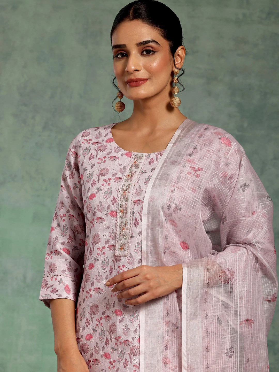 Lilac Printed Cotton Straight Suit With Dupatta - Libas 