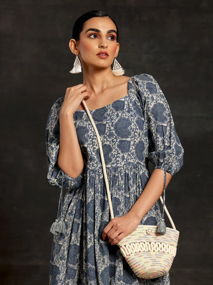 Grey Printed Cotton Fit and Flare Dress - Libas
