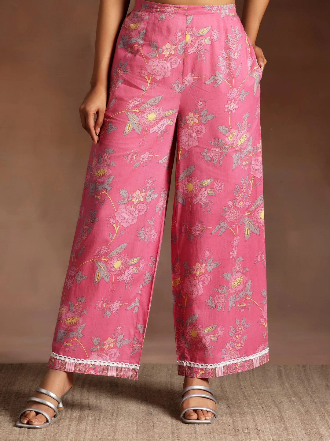  Rukhsaar Pink Printed Cotton A-Line Kurta With Palazzos 