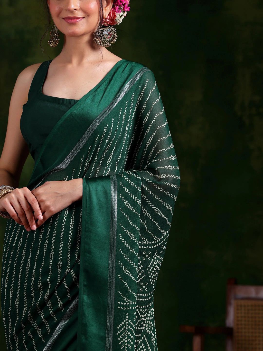 Green Printed Satin Saree With Unstitched Blouse Piece - Libas 