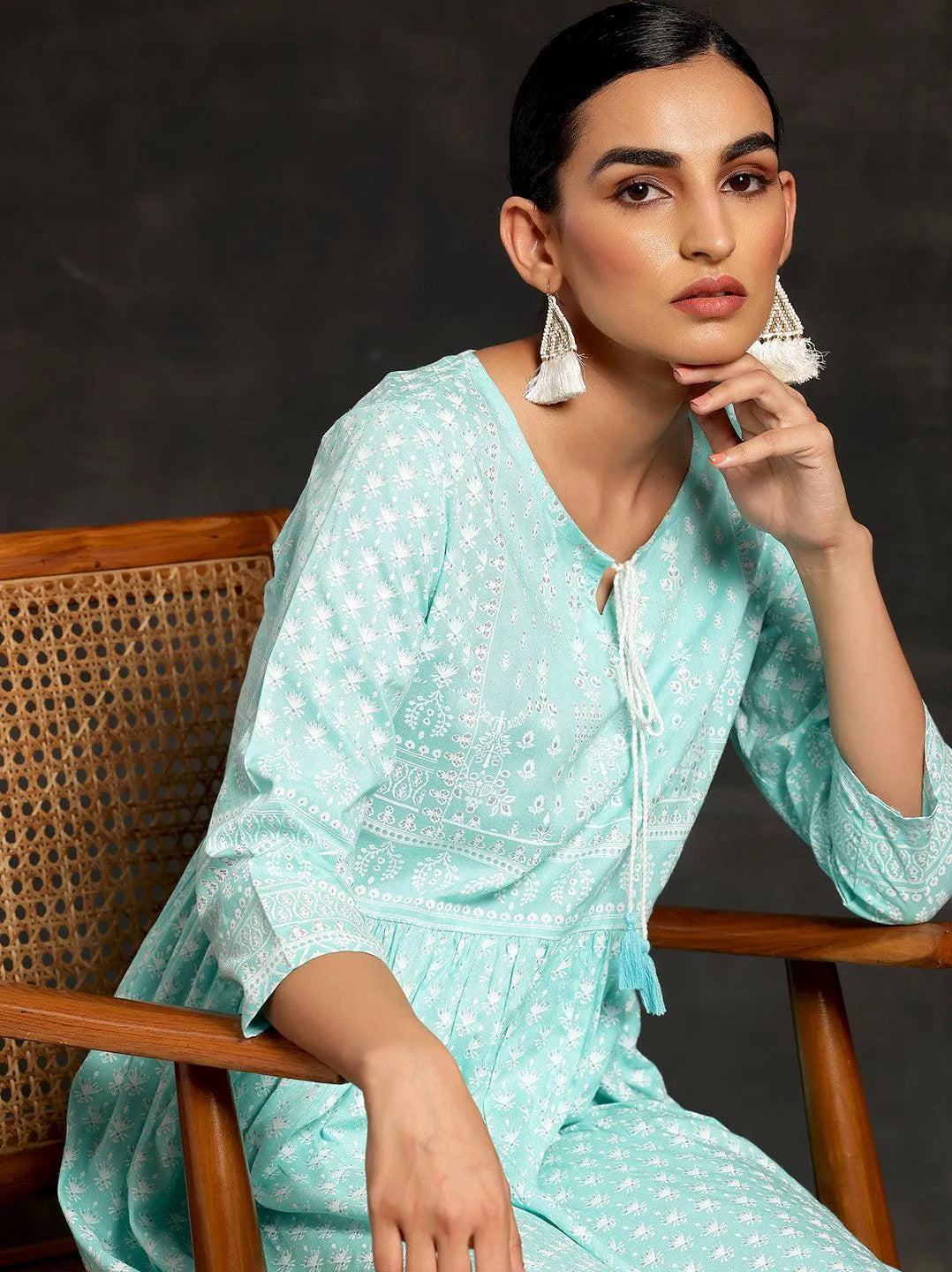 Blue Printed Cotton Fit and Flare Dress - Libas 
