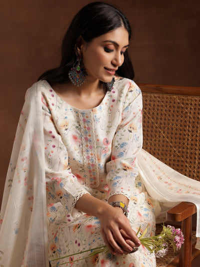Cream Printed Cotton Straight Suit With Dupatta - Libas