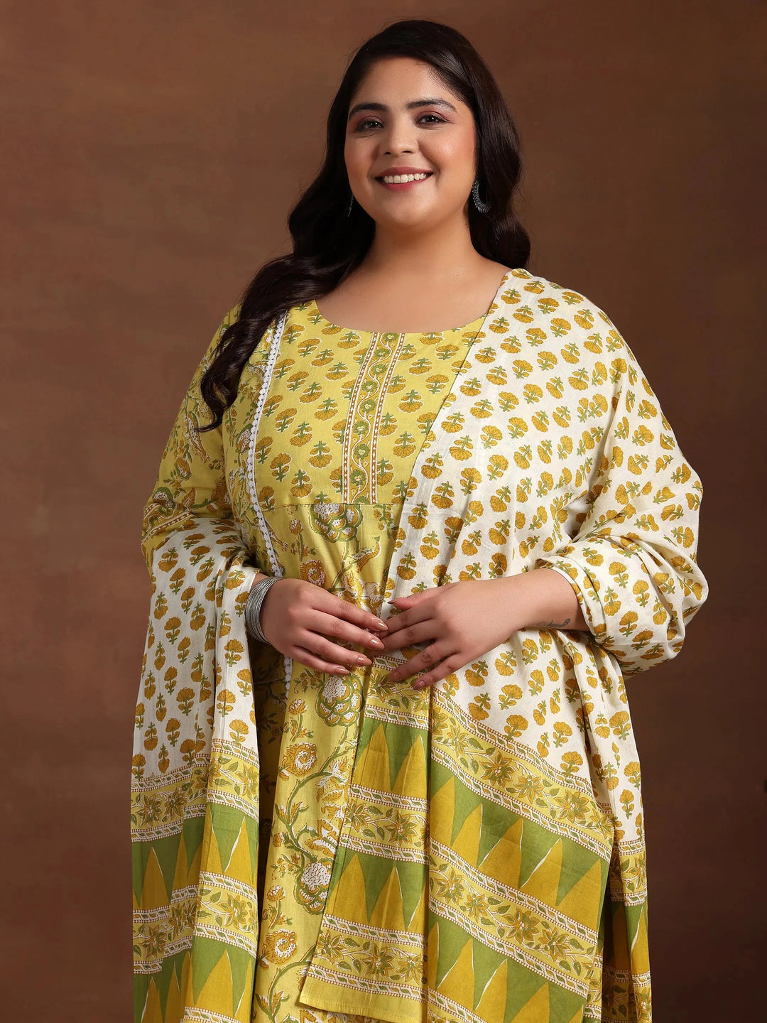  Plus Size Yellow Printed Cotton Straight Suit With Dupatta 