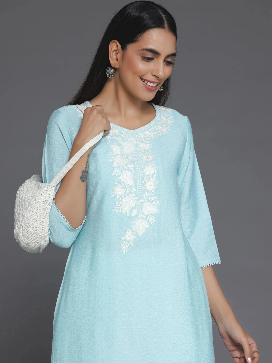  Blue Yoke Design Silk Straight Kurta 