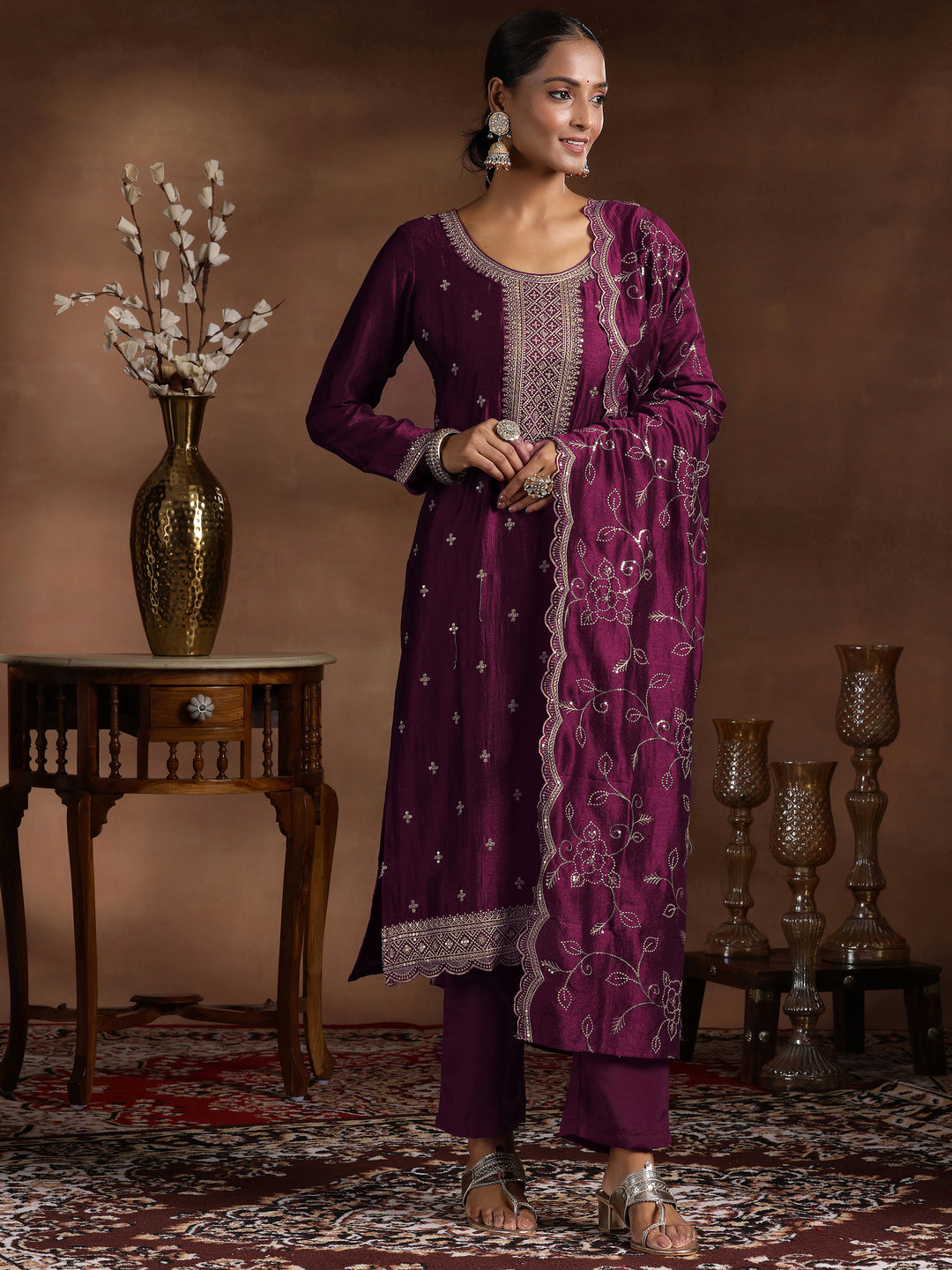  Wine Embroidered Silk Blend Straight Suit With Dupatta 