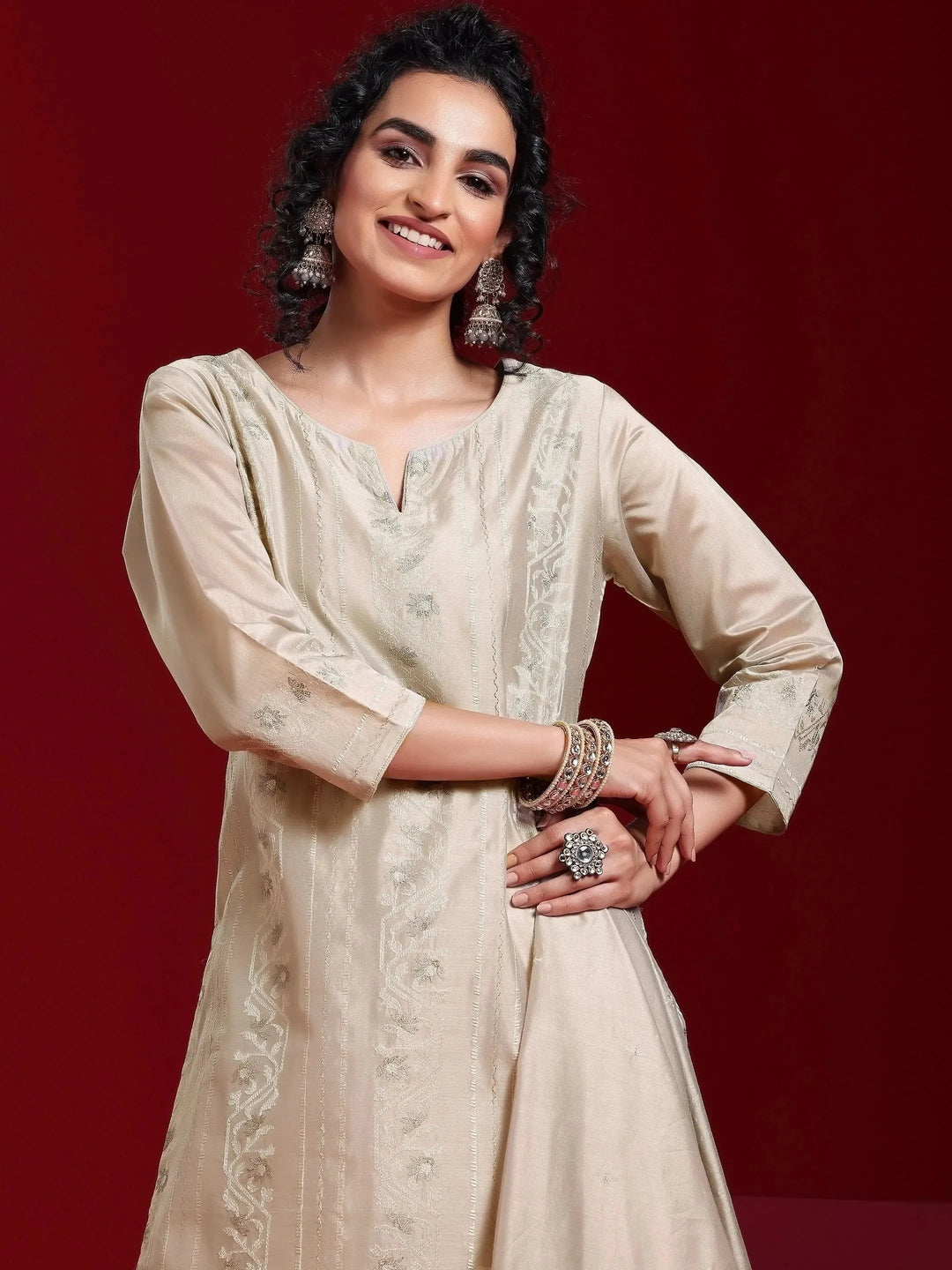  Libas Art Grey Embroidered Chanderi Silk Straight Suit With Dupatta 