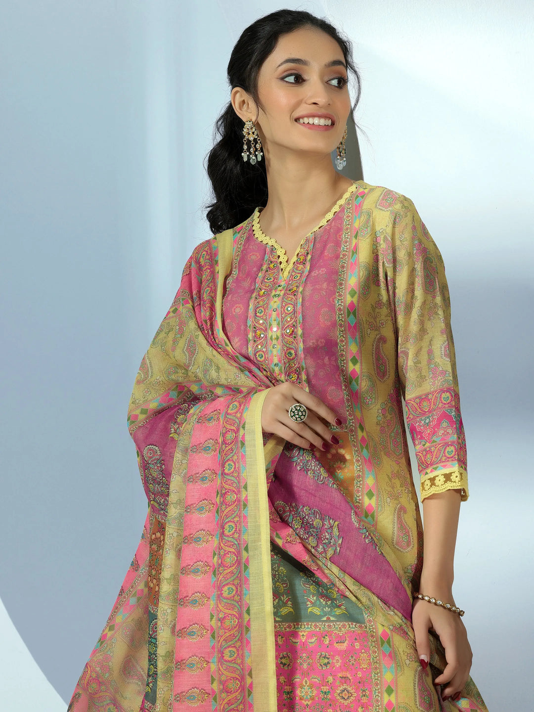  Yellow Printed Cotton Blend Straight Suit With Dupatta 