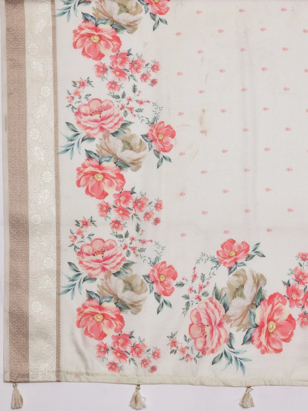Off White Printed Silk Blend Saree With Unstitched Blouse Piece - Libas 