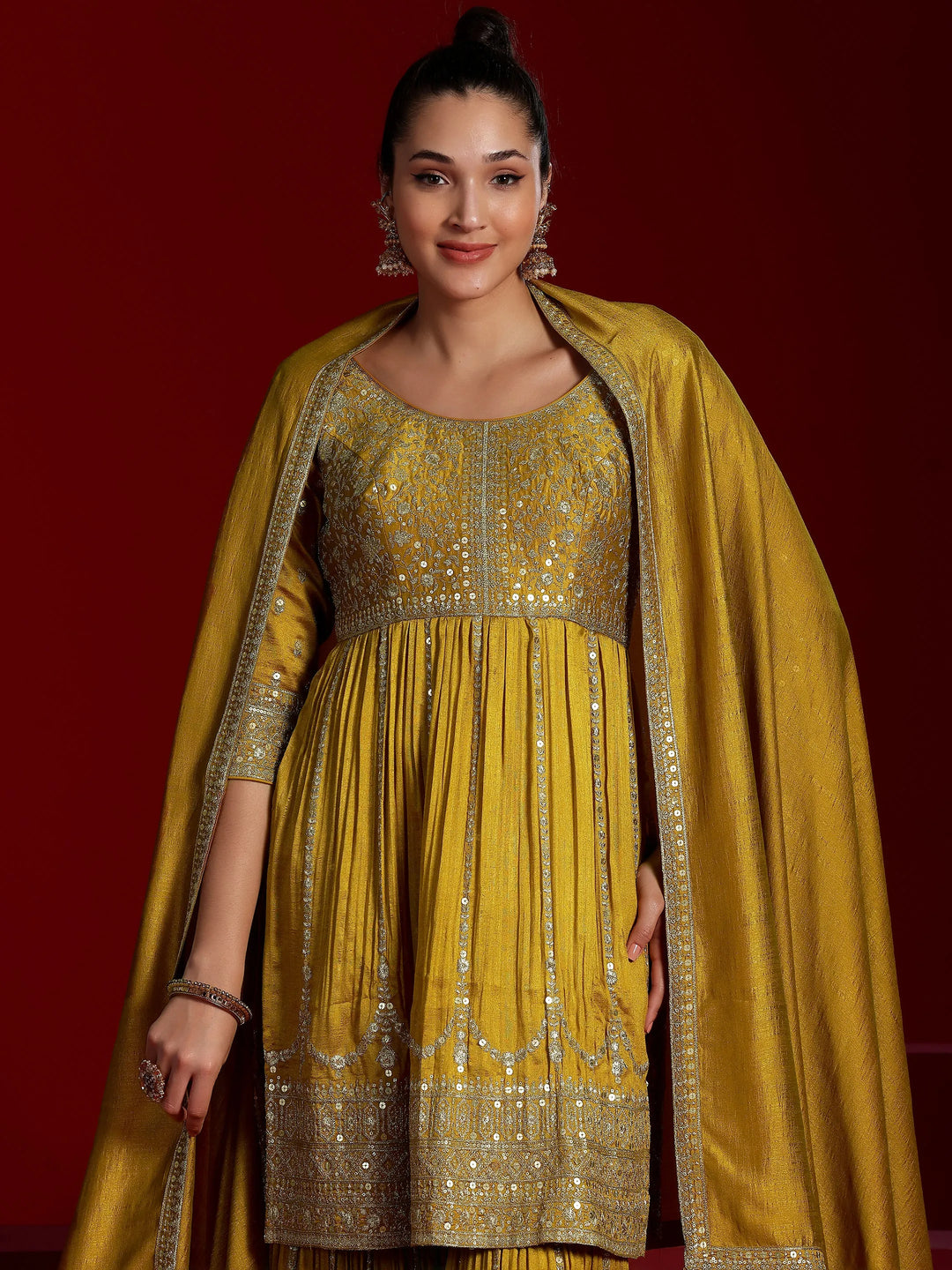  Libas Art Mustard Embroidered Silk Blend Straight Suit With Dupatta 