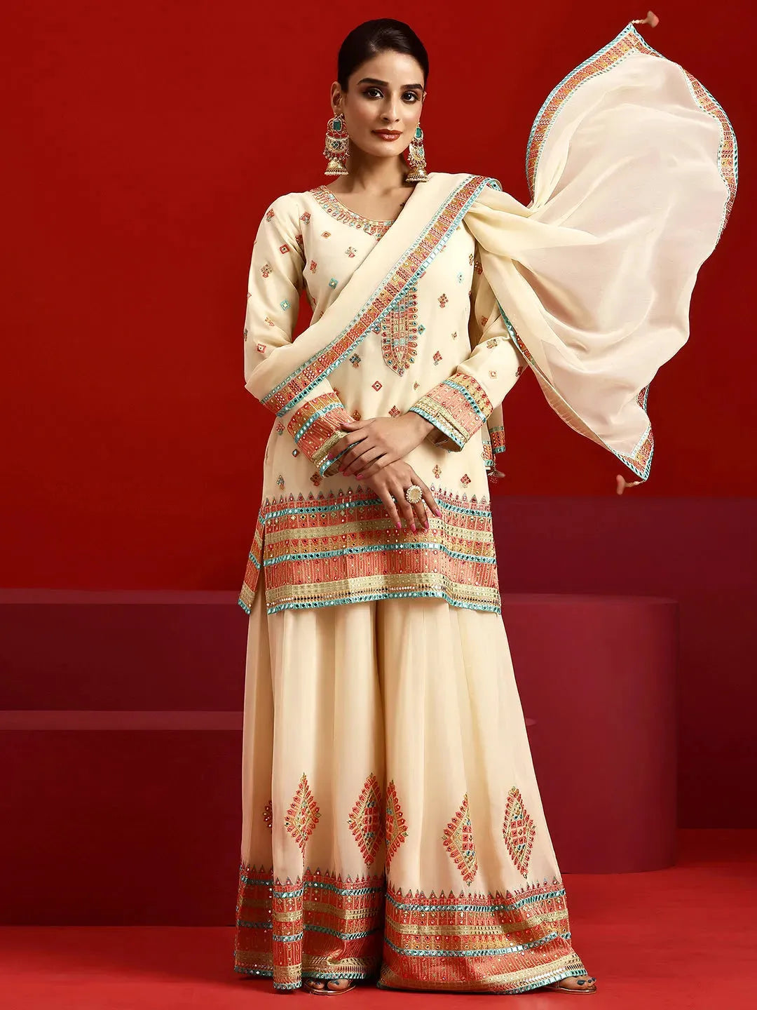 Libas Art Beige Embroidered Georgette Straight Suit With Dupatta