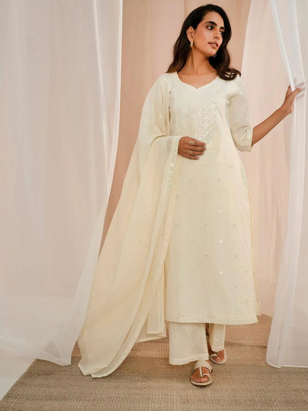  Off White Embroidered Cotton Straight Suit With Dupatta 