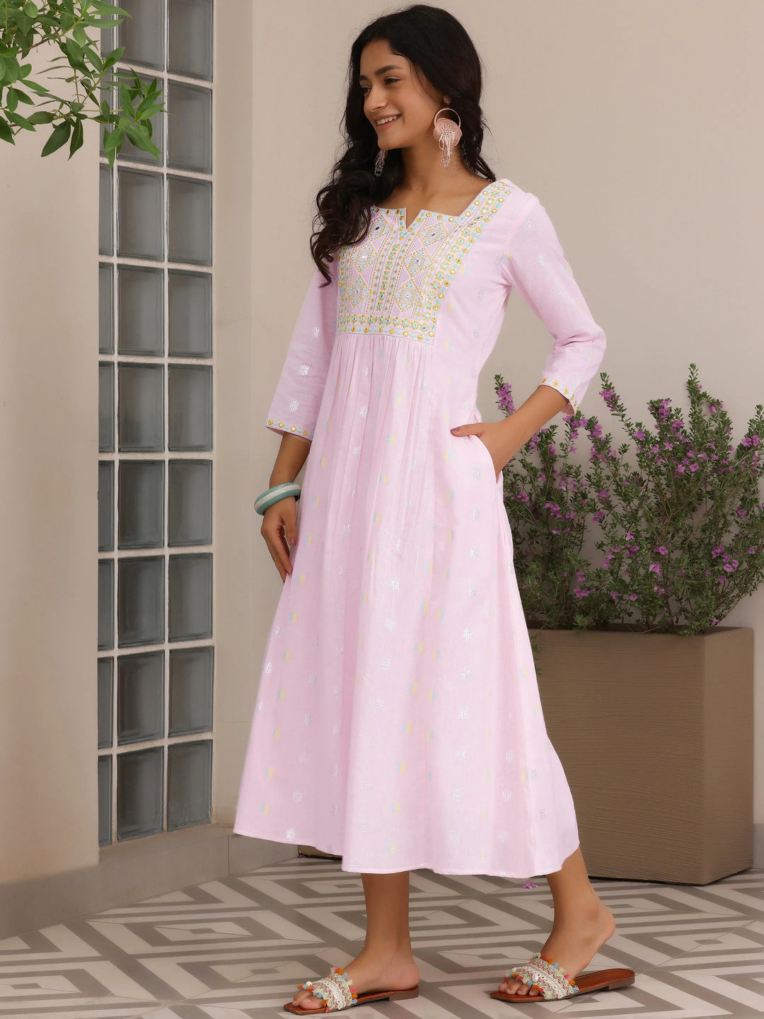  Pink Self Design Cotton A-Line Dress 