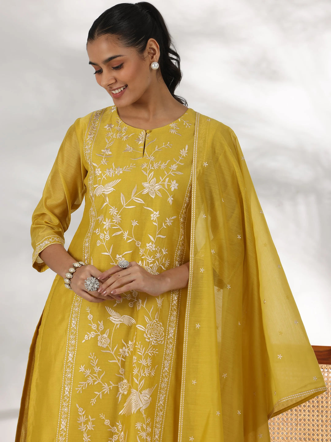  Mustard Embroidered Chanderi Silk Straight Suit With Dupatta 
