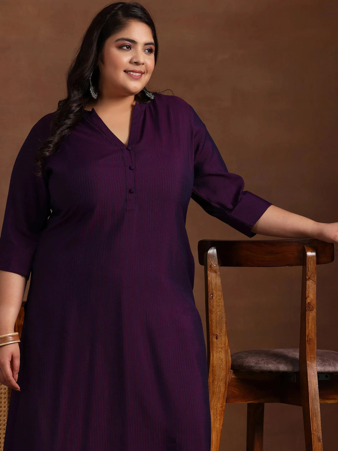 Plus Size Purple Woven Design Silk Straight Kurta 
