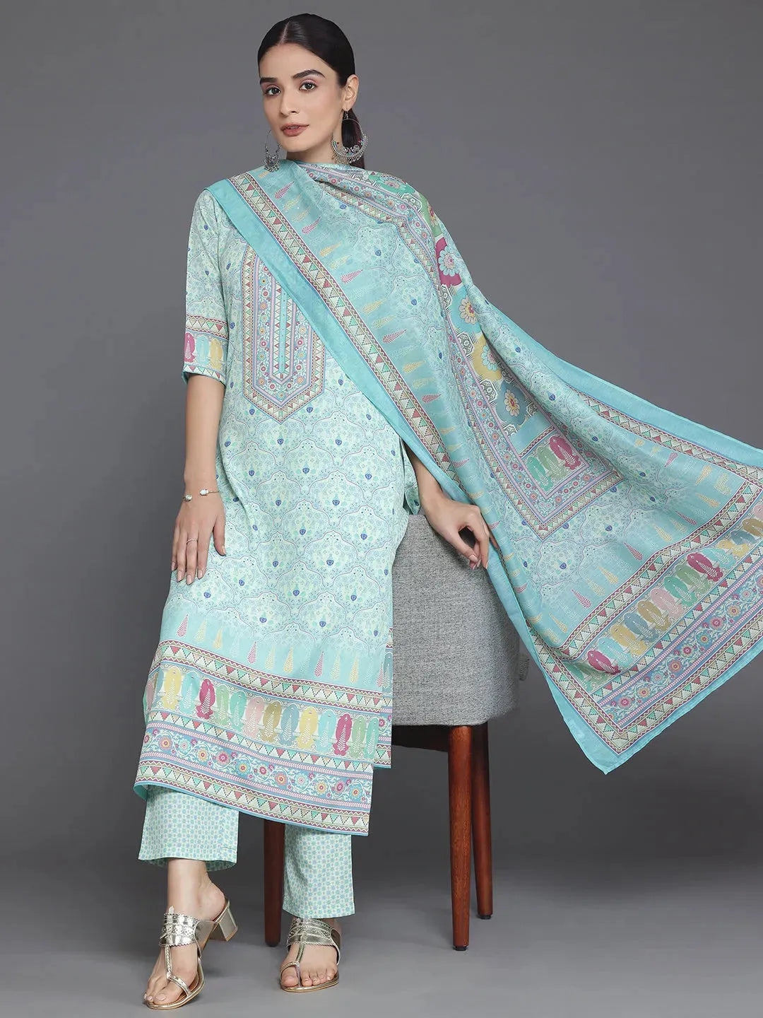  Green Printed Poly Crepe Straight Suit With Dupatta 
