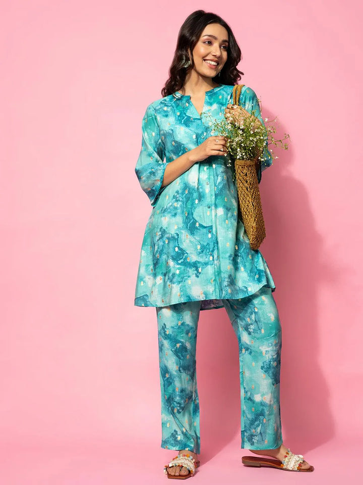 Blue Printed Silk Blend Co-Ords - Libas
