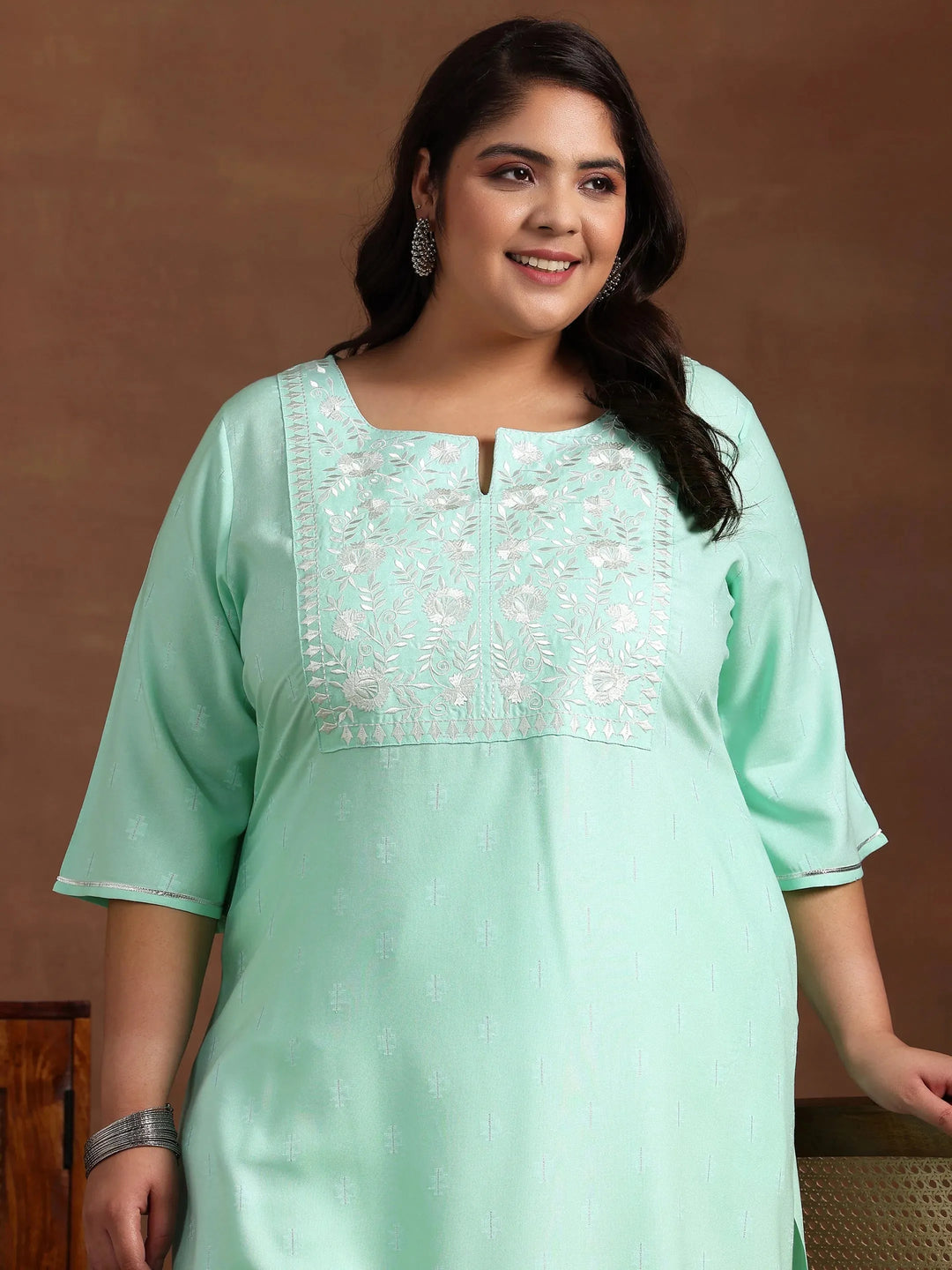  Plus Size Blue Yoke Design Rayon Straight Kurta 