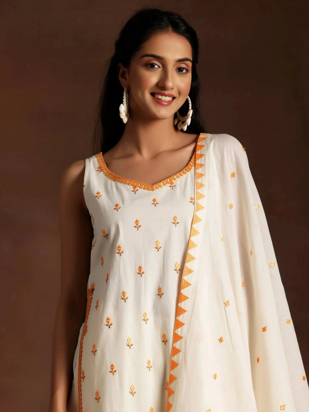 Off White Embroidered Cotton Straight Suit With Dupatta 