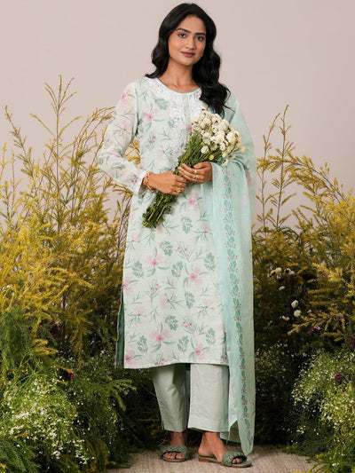 Green Printed Linen Straight Suit With Dupatta - Libas
