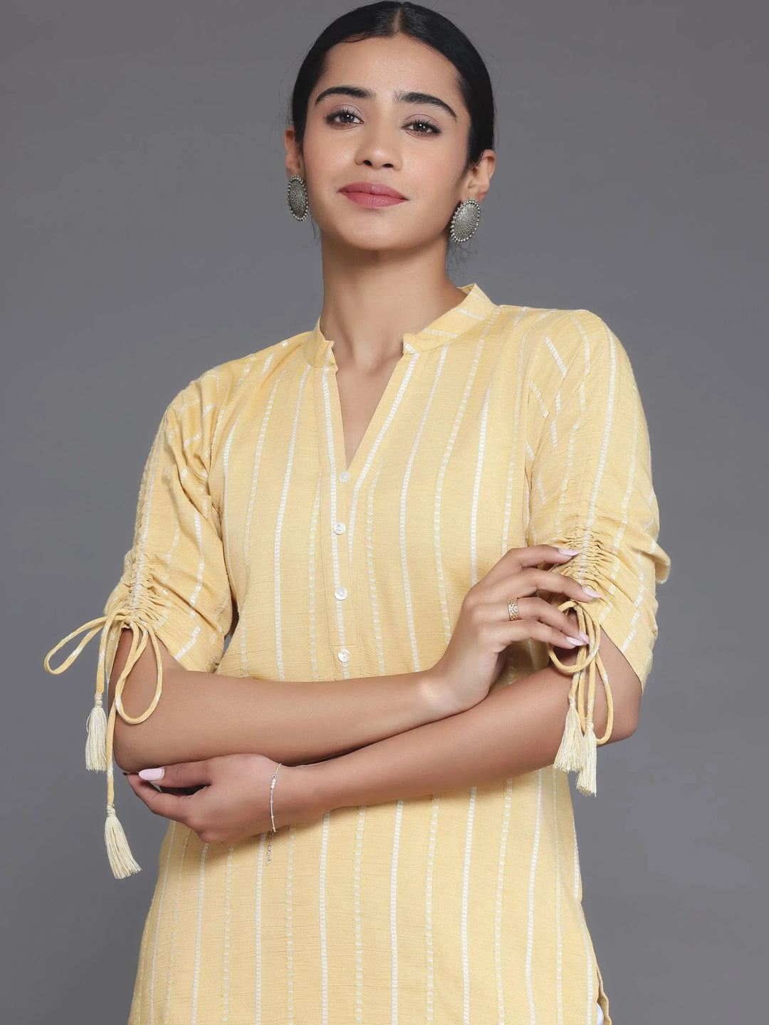  Mustard Woven Design Cotton Blend Straight Kurti 