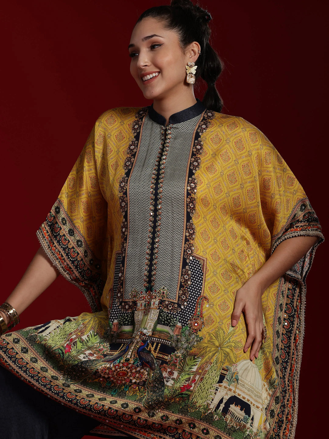  Libas Art Mustard Printed Silk Blend Straight Kurta With Palazzos 
