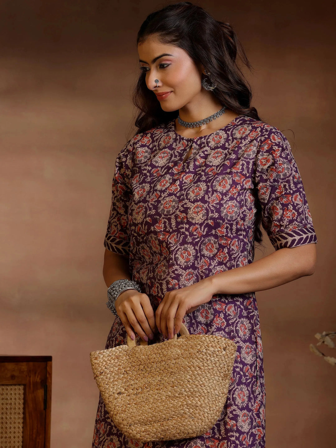  Purple Printed Cotton Straight Kurta Set 