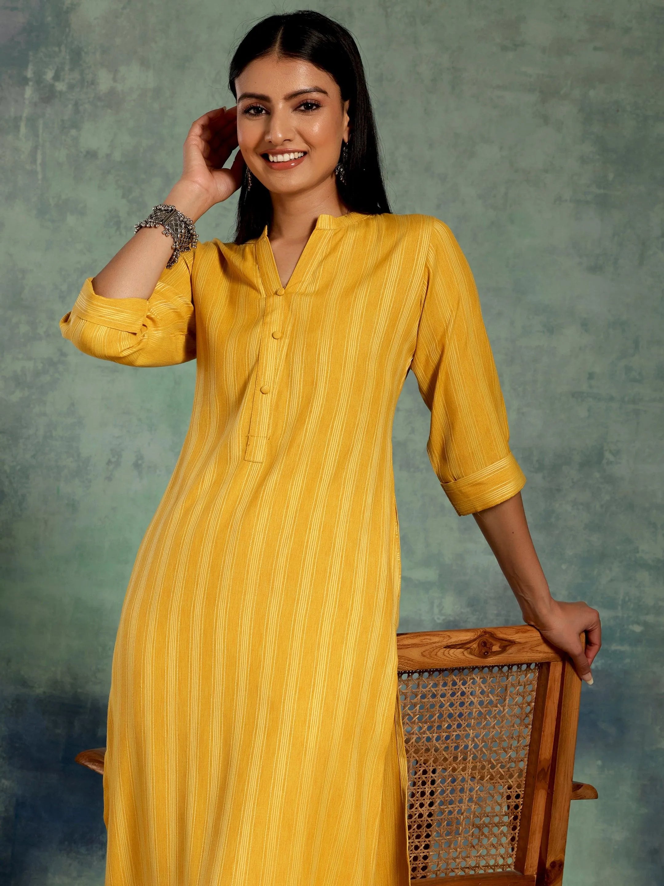 Yellow Woven Design Rayon Straight Kurta-image-24