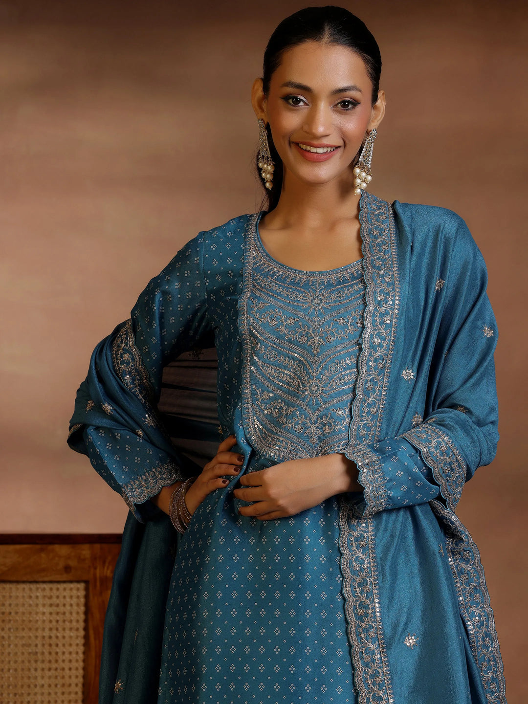  Blue Printed Silk Blend Straight Suit With Dupatta 