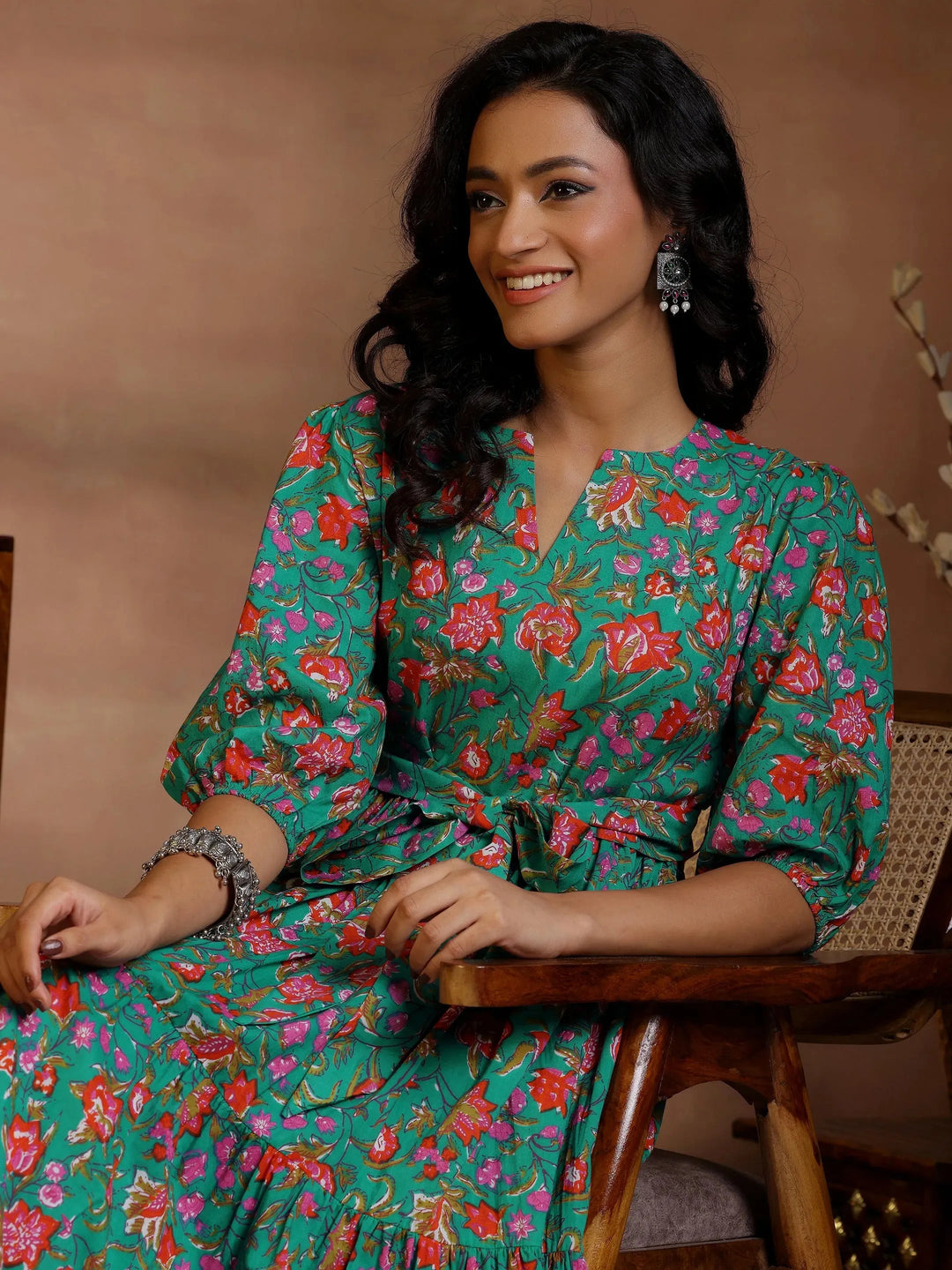  Blue Printed Cotton Fit and Flare Dress 