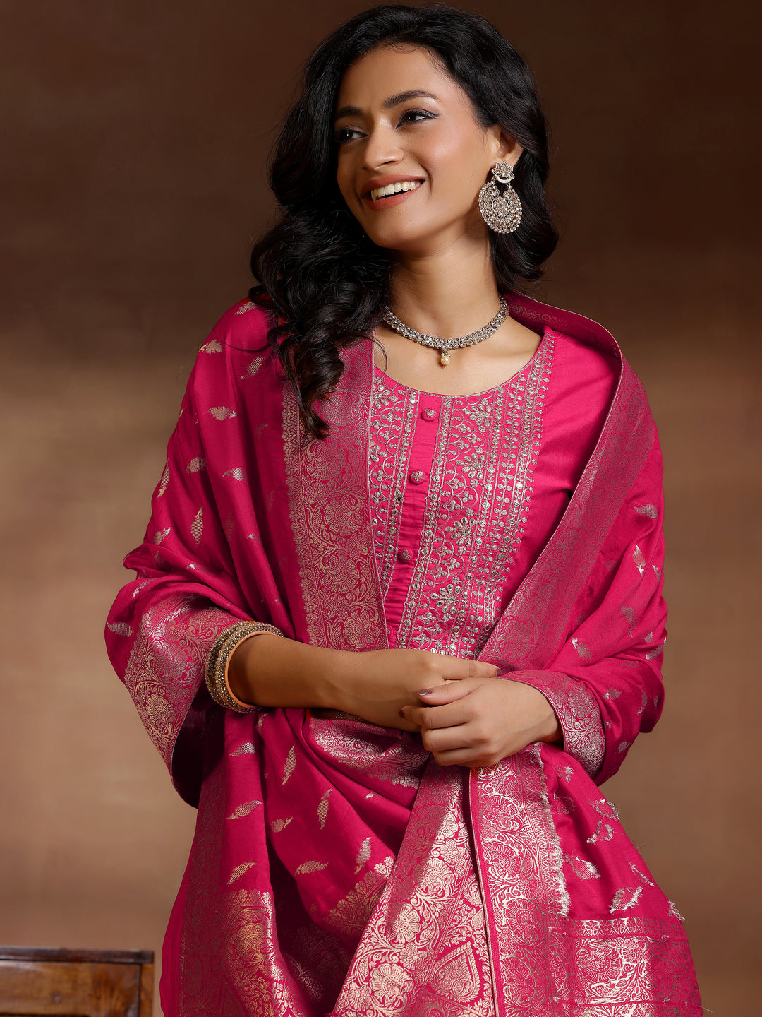  Pink Yoke Design Silk Blend Straight Suit Set With Dupatta 