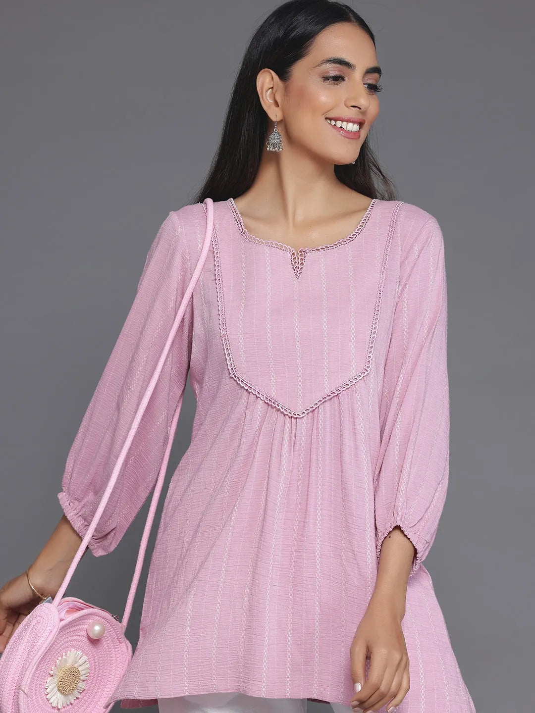  Pink Woven Design Cotton Blend A-Line Kurti 