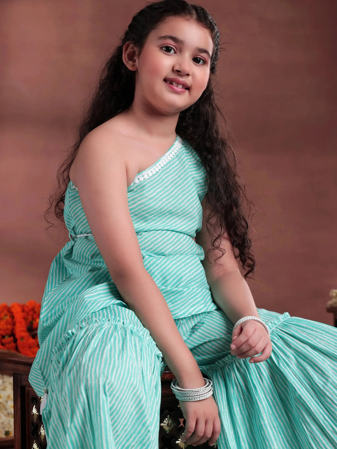  Kids Blue Striped Cotton A-Line Top With Sharara 