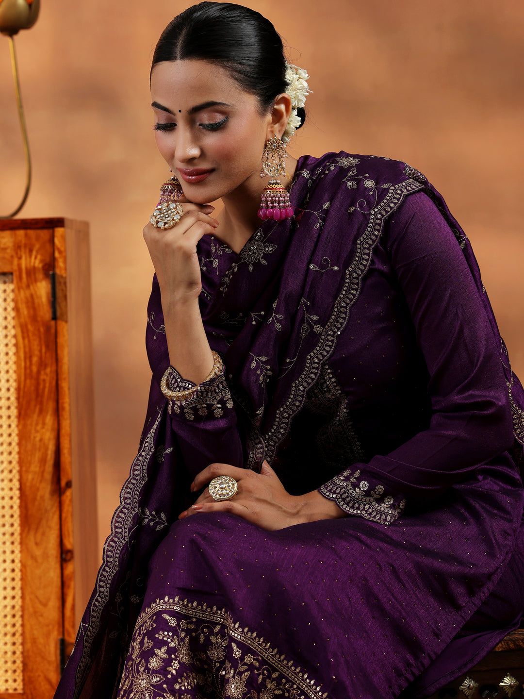  Burgundy Embroidered Silk Blend Straight Suit With Dupatta 