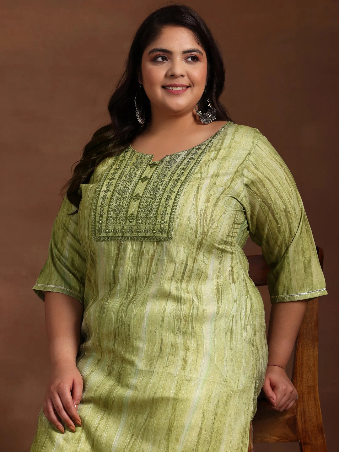  Plus Size Green Yoke Design Cotton Straight Kurta 
