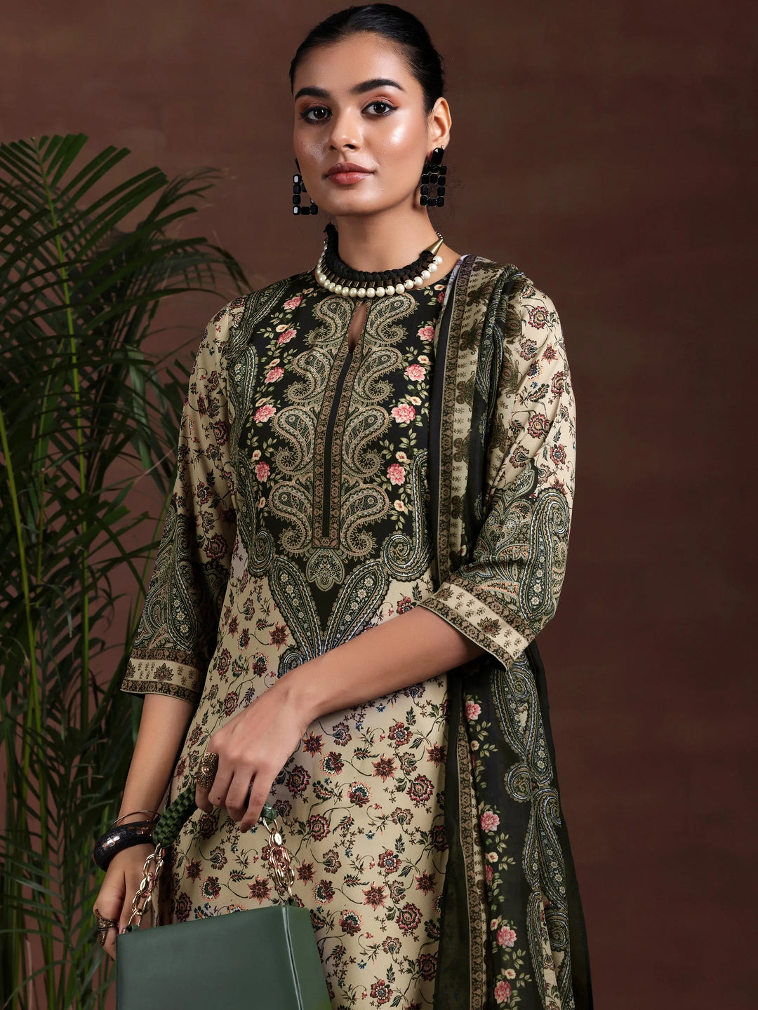  Beige Printed Poly Crepe Straight Suit With Dupatta 