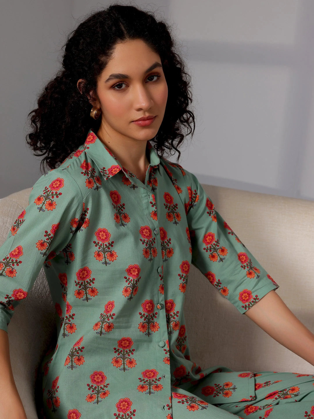 Green Printed Cotton Night Suits - Libas 