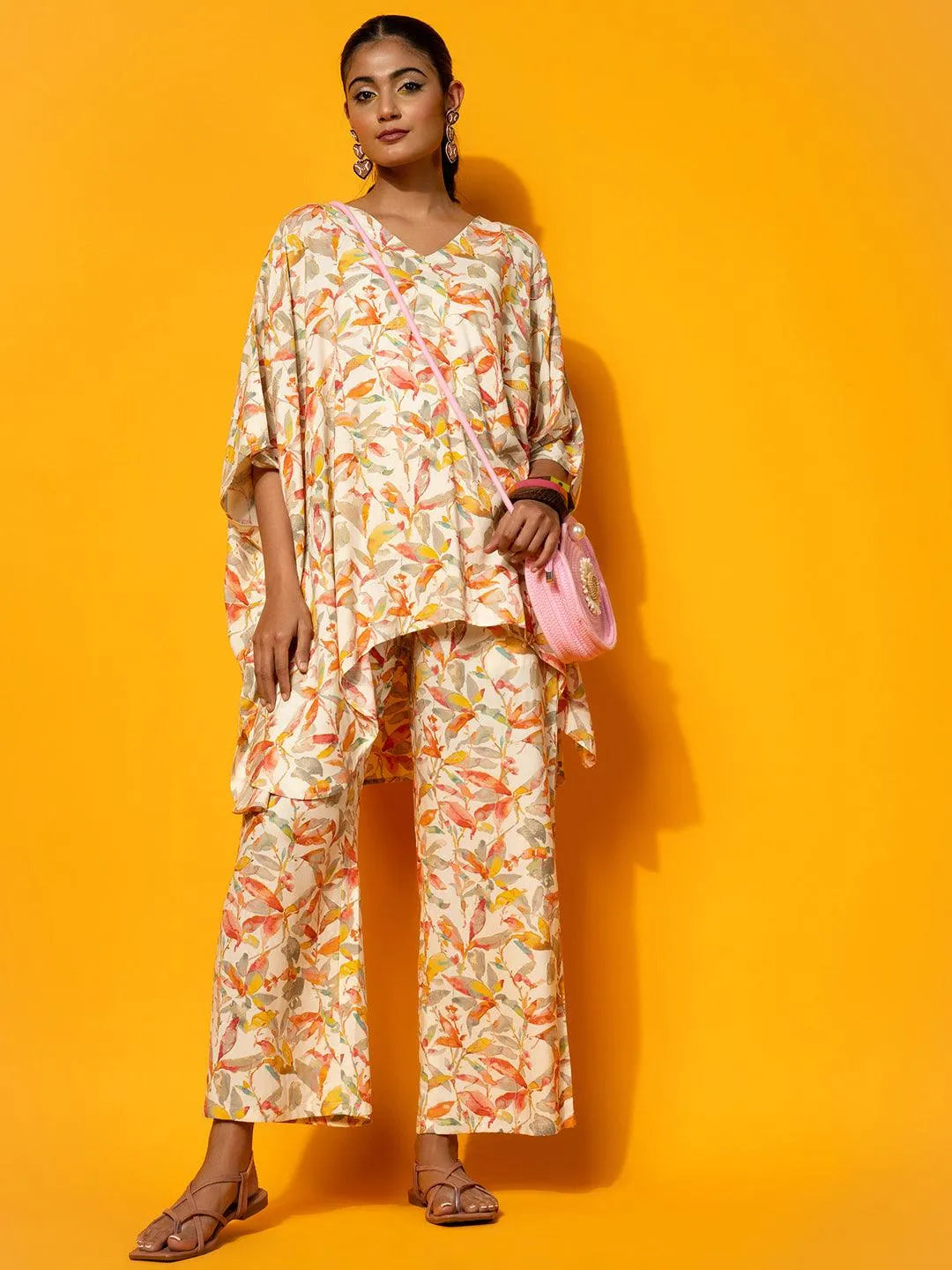 Cream Printed Rayon Co-Ords - Libas 