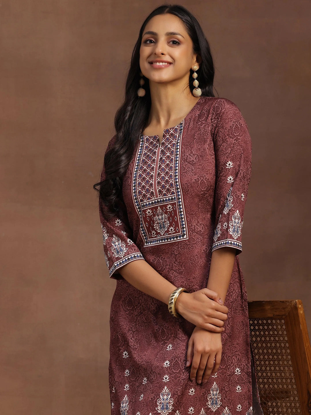 Brown Printed Poly Crepe Straight Kurta With Trousers - Libas 