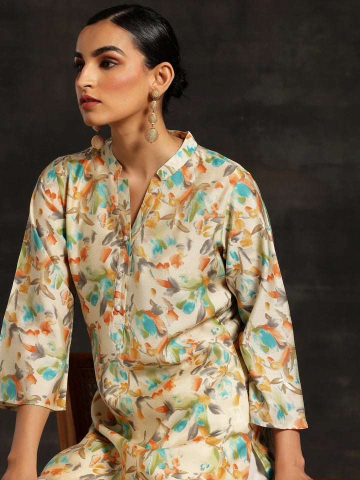 Beige Printed Silk Blend Straight Kurtis - Libas