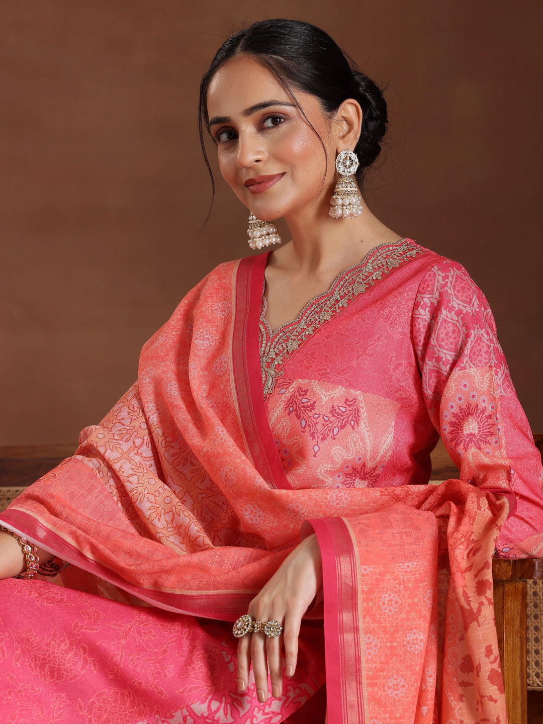  Pink Printed Cotton Blend Straight Suit With Dupatta 