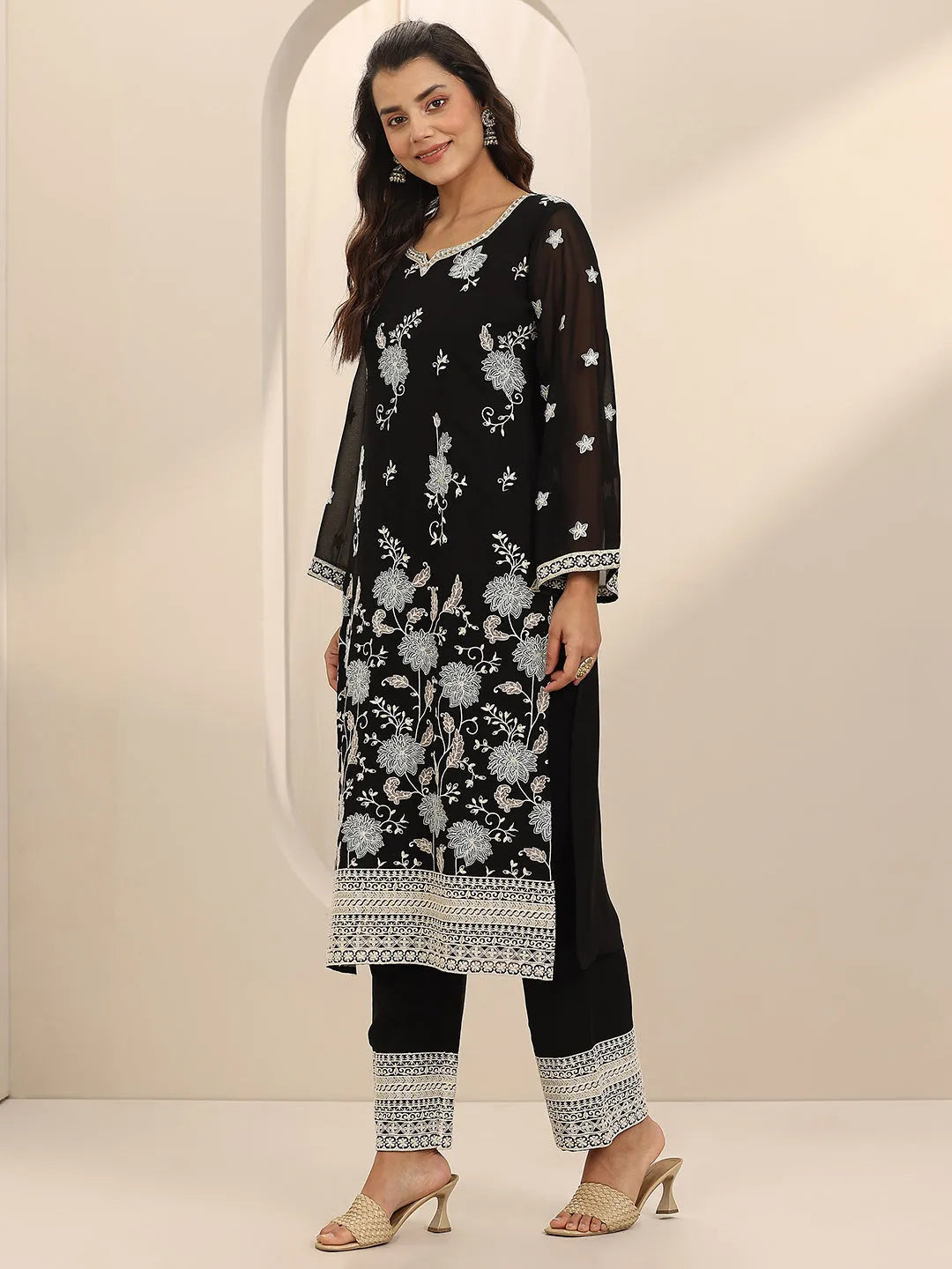  Libas Art Black Embroidered Georgette Straight Suit Set With Dupatta 