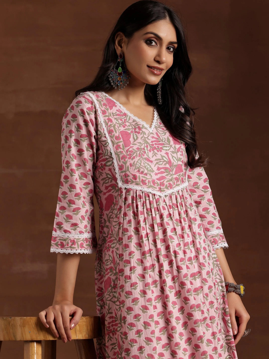 Pink Printed Cotton A-Line Kurta With Palazzos - Libas 