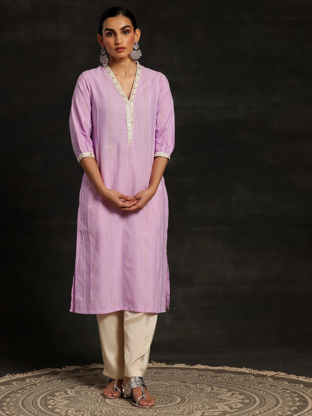 Purple Woven Design Cotton Straight Kurta - Libas